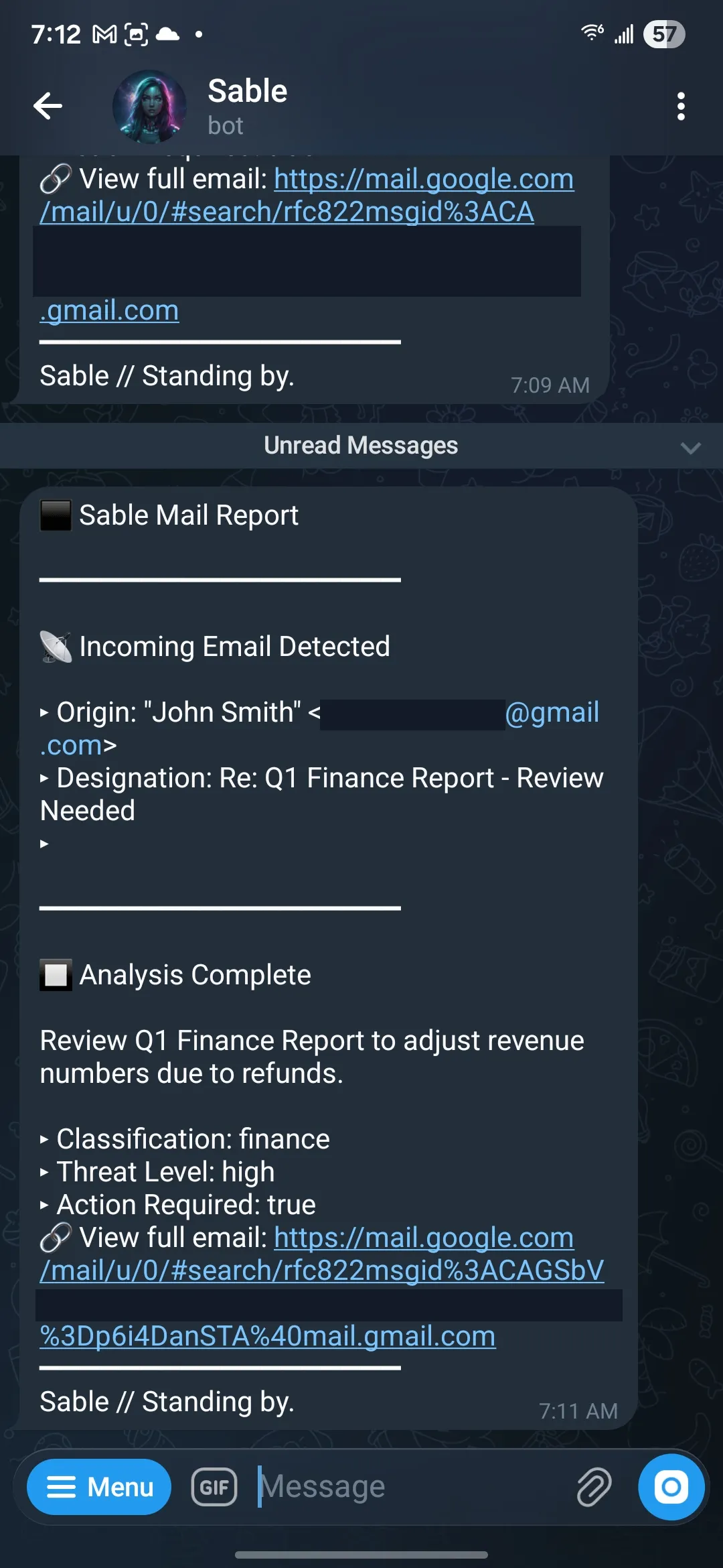 Live email processing in Telegram