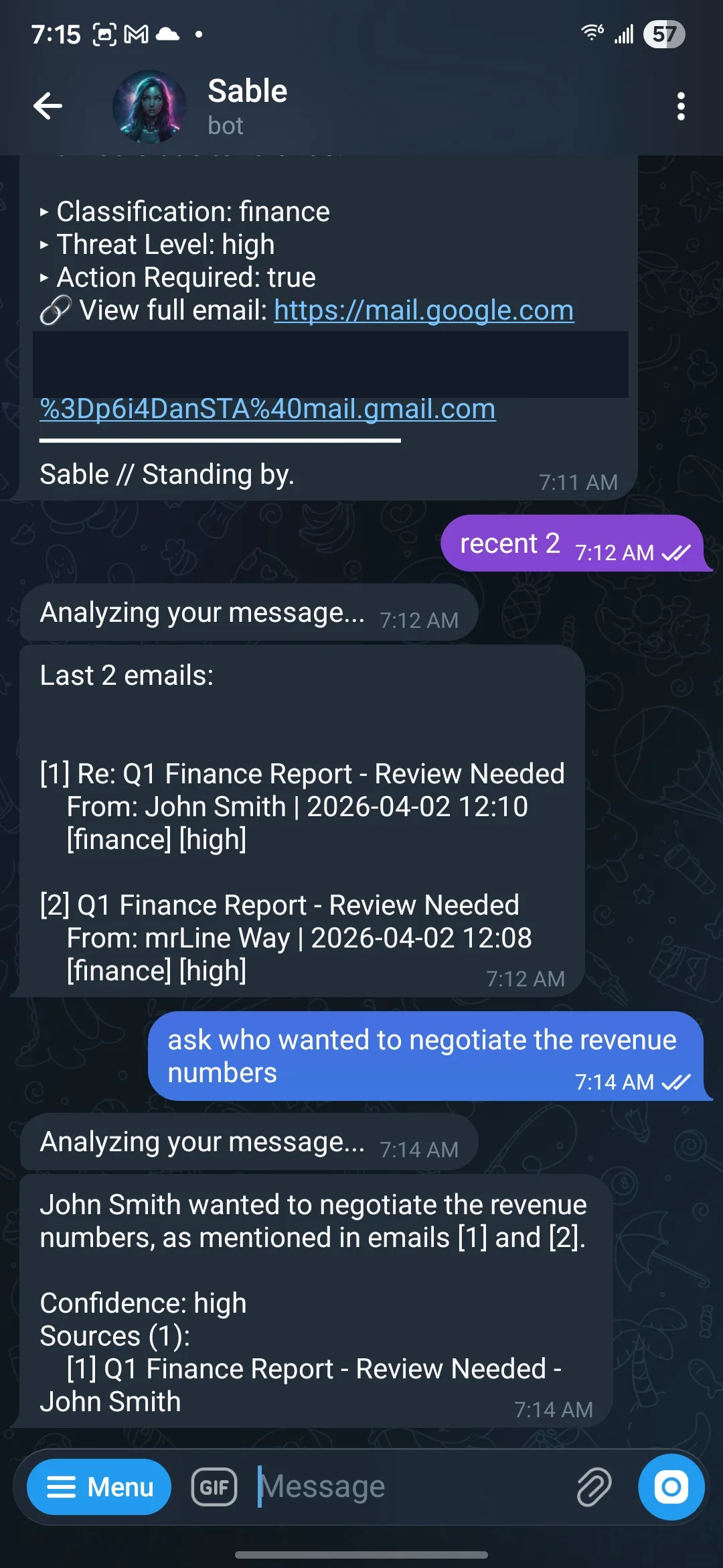 Searching emails and asking follow-up questions