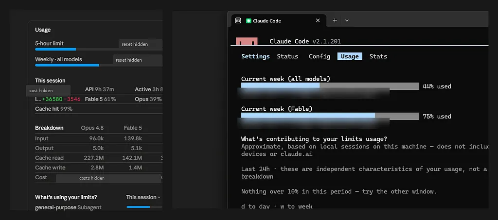 Sanitized weekly-limit snapshot. Usage percentages, token/cache numbers, and model names are retained. Exact dollar costs, reset/timezone details, sidebar names, branch names, repo names, PR titles, and background task text are excluded or redacted.