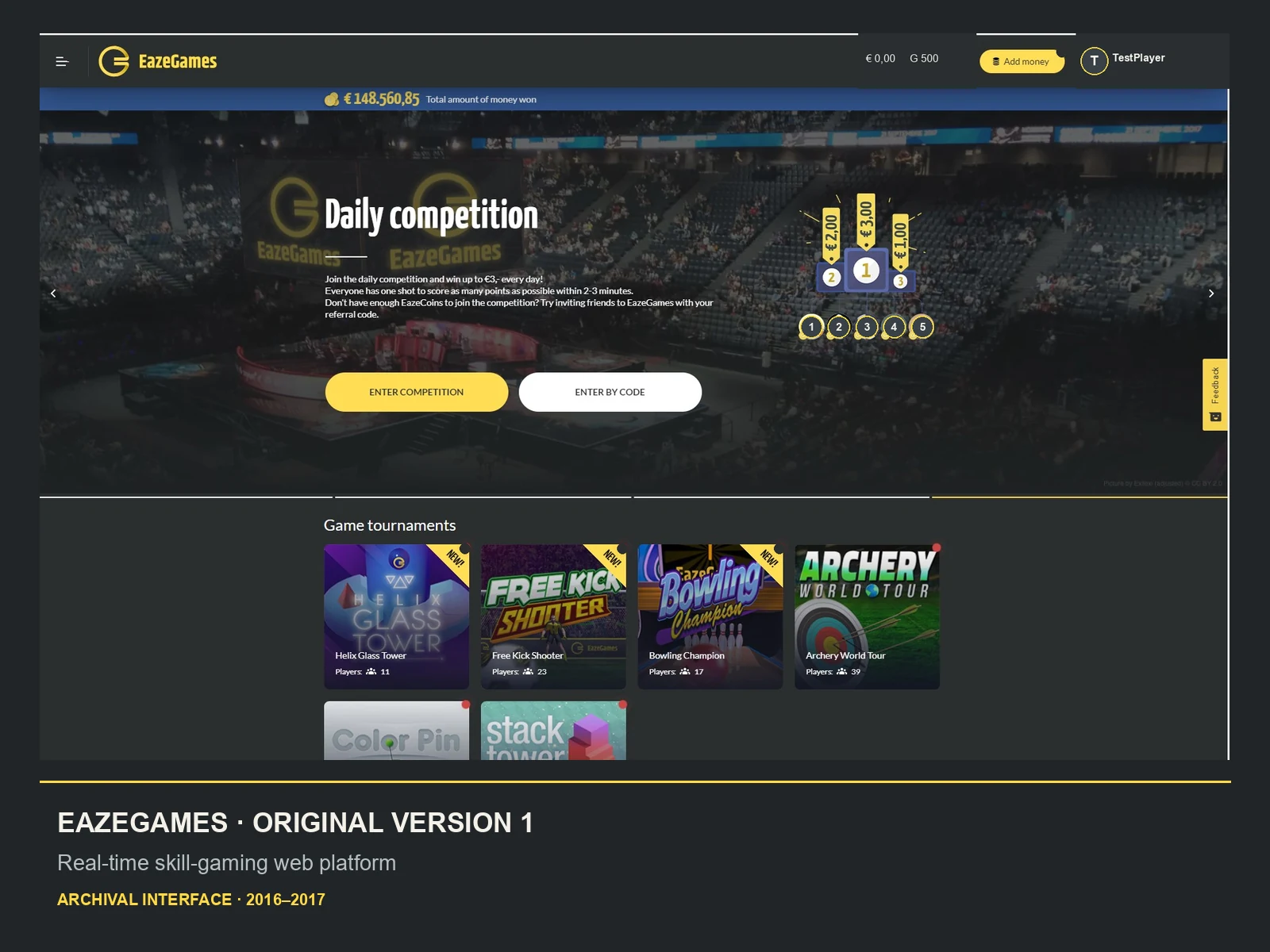 Sanitized archival EazeGames Version 1 competition and game-discovery interface