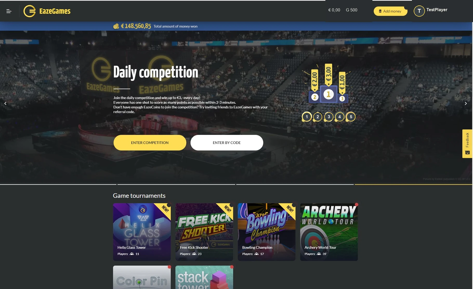 Sanitized archival EazeGames Version 1 authenticated competition and game-discovery hub
