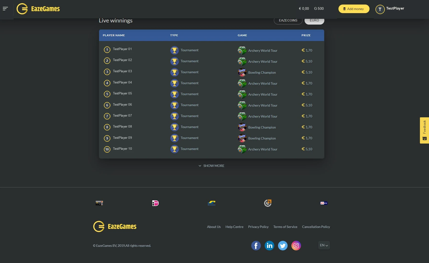 Sanitized archival EazeGames live competition activity table with synthetic player identities