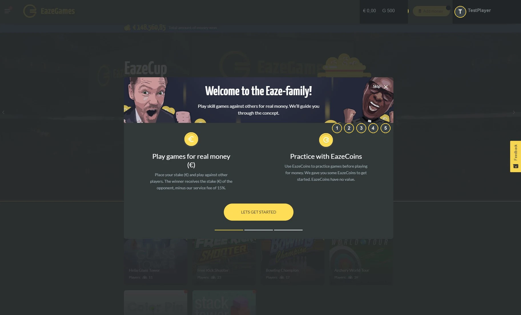 Sanitized archival EazeGames onboarding explaining practice currency and money play