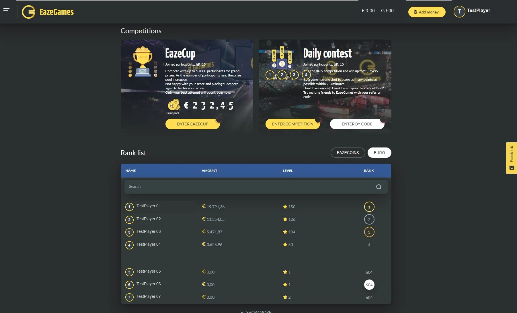 Sanitized archival EazeGames competition and ranking interface with synthetic player identities