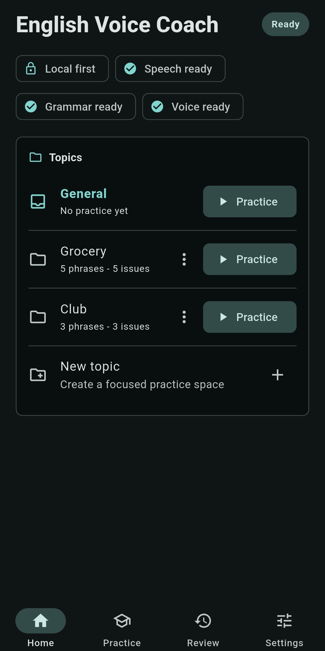 English Voice Coach screen showing local model readiness and practice topics