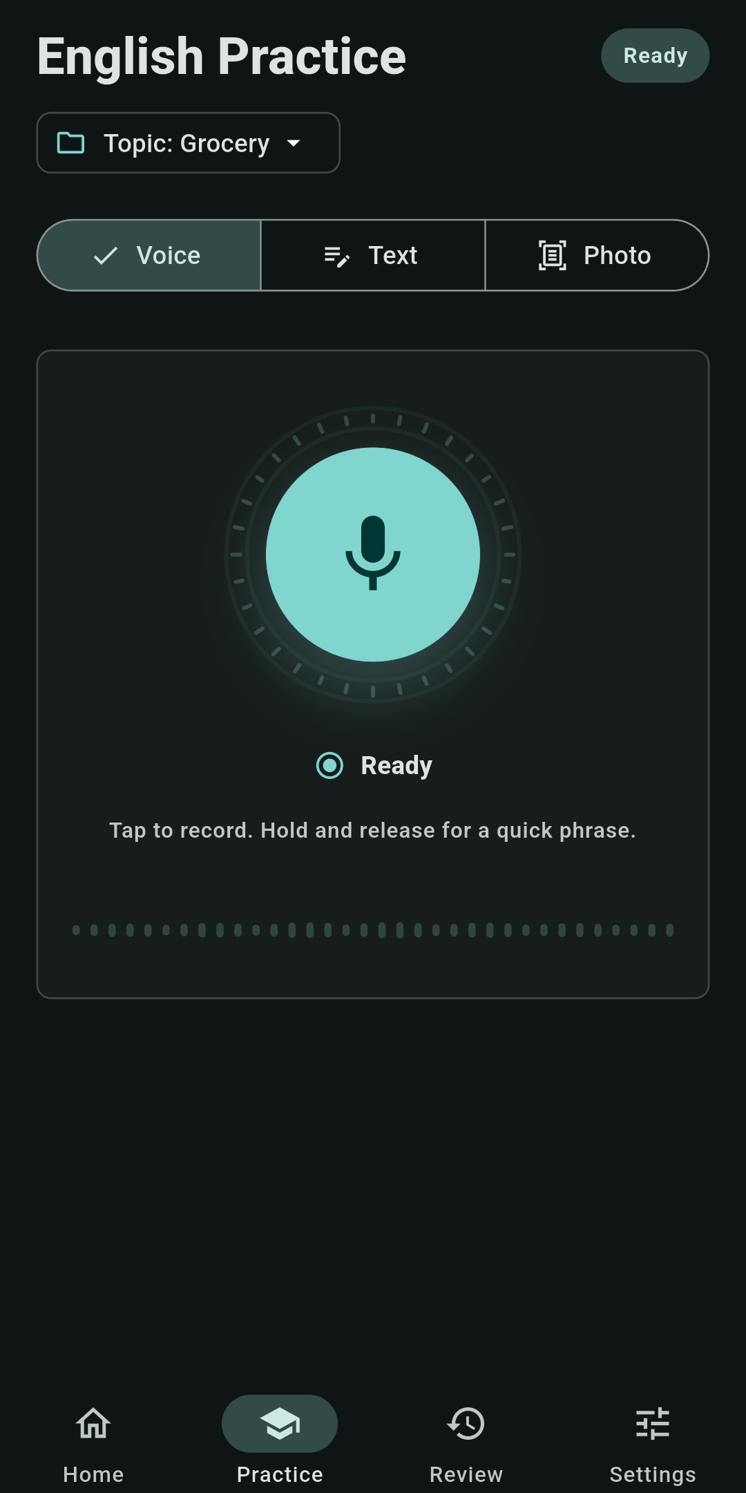 English Voice Coach voice practice screen with topic selection and a large tap-to-record microphone control