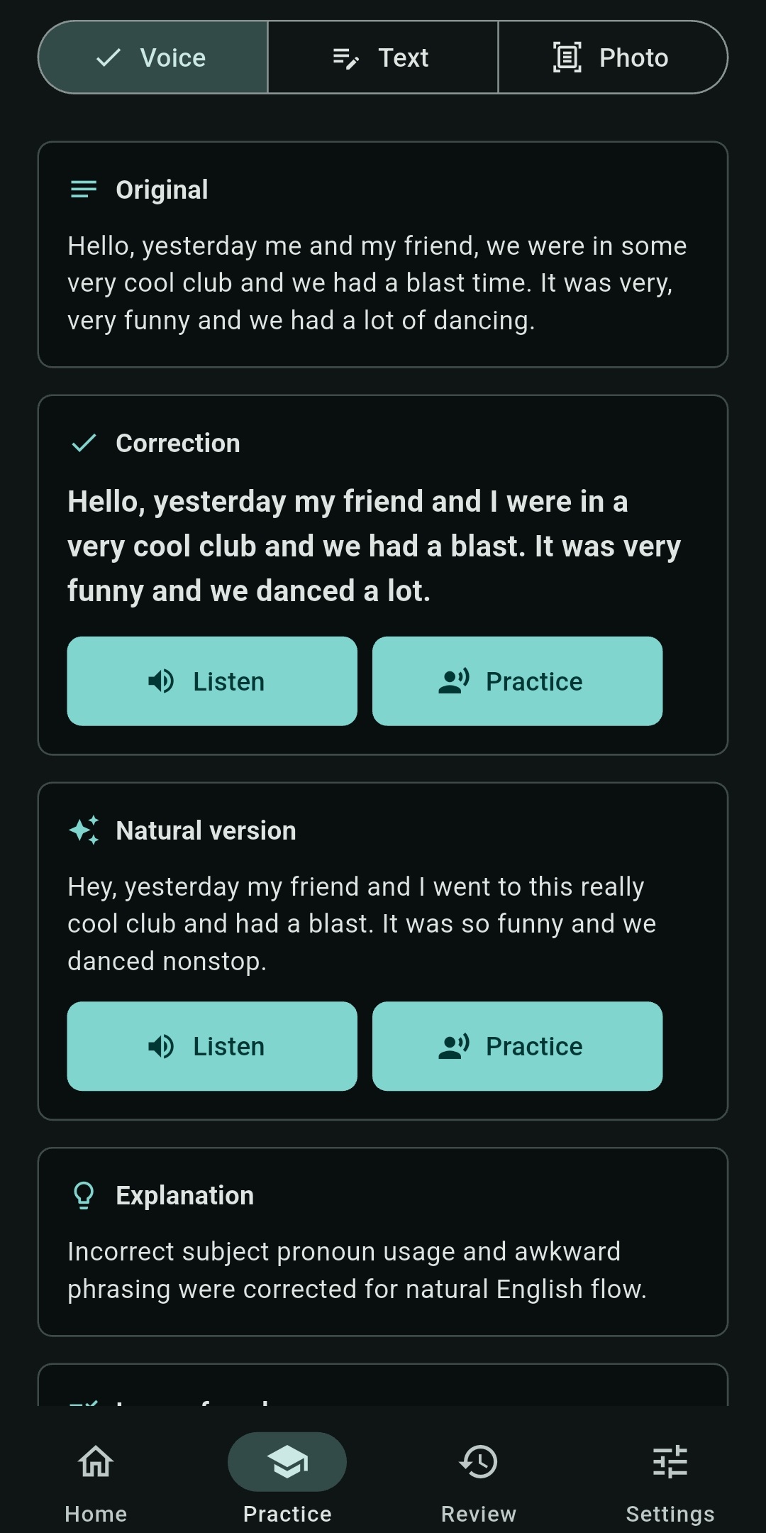 English Voice Coach result showing original text, correction, natural version, playback, and explanation