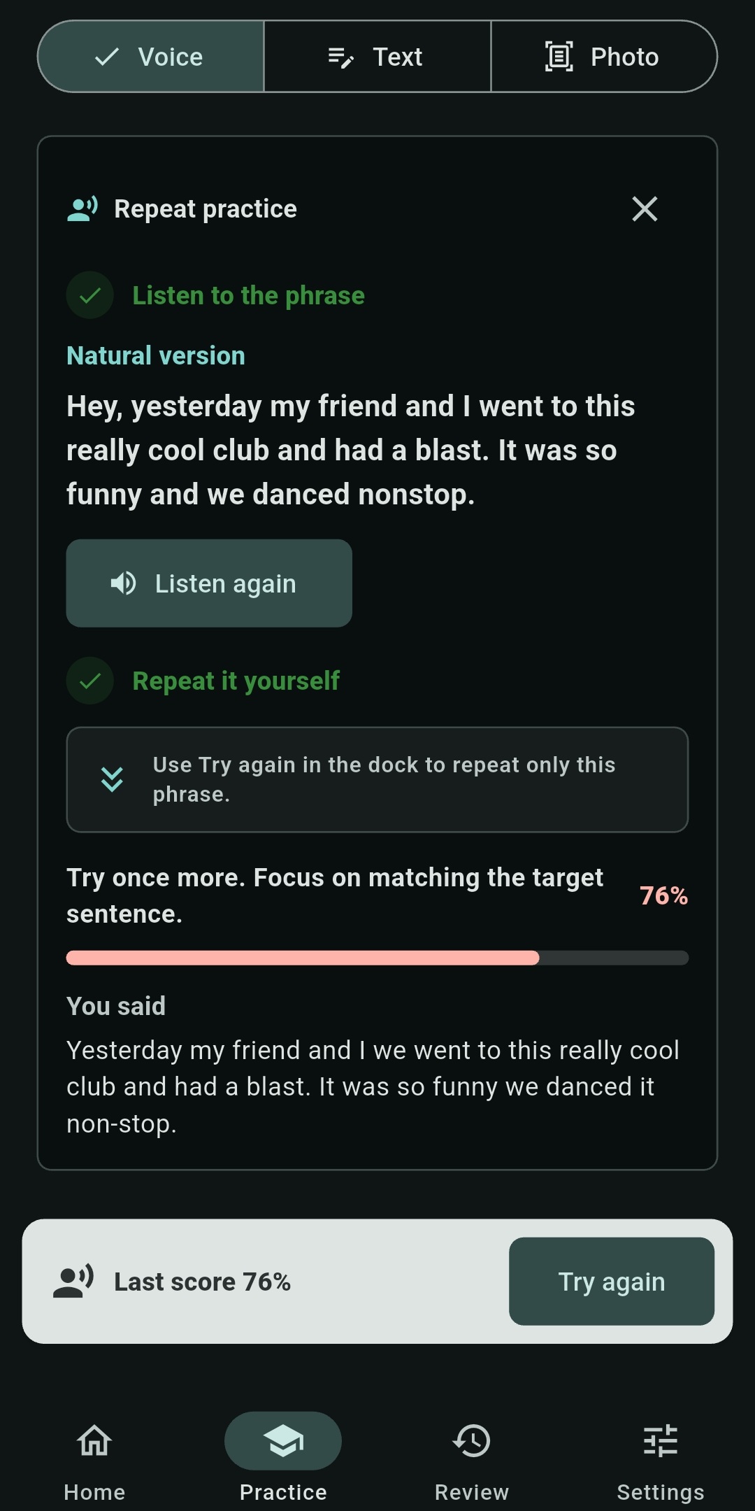 English Voice Coach repeat-practice screen showing a 76 percent word-level phrase match and the transcribed repeat