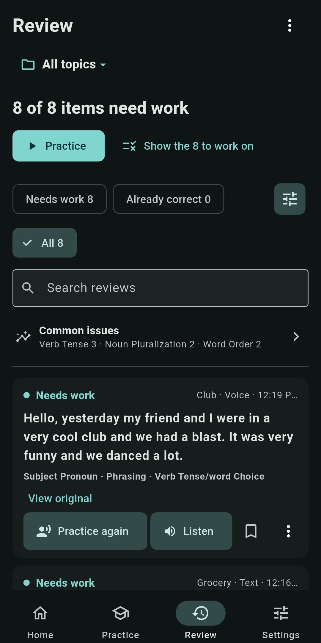 English Voice Coach review screen grouping saved practice attempts and common issues by topic