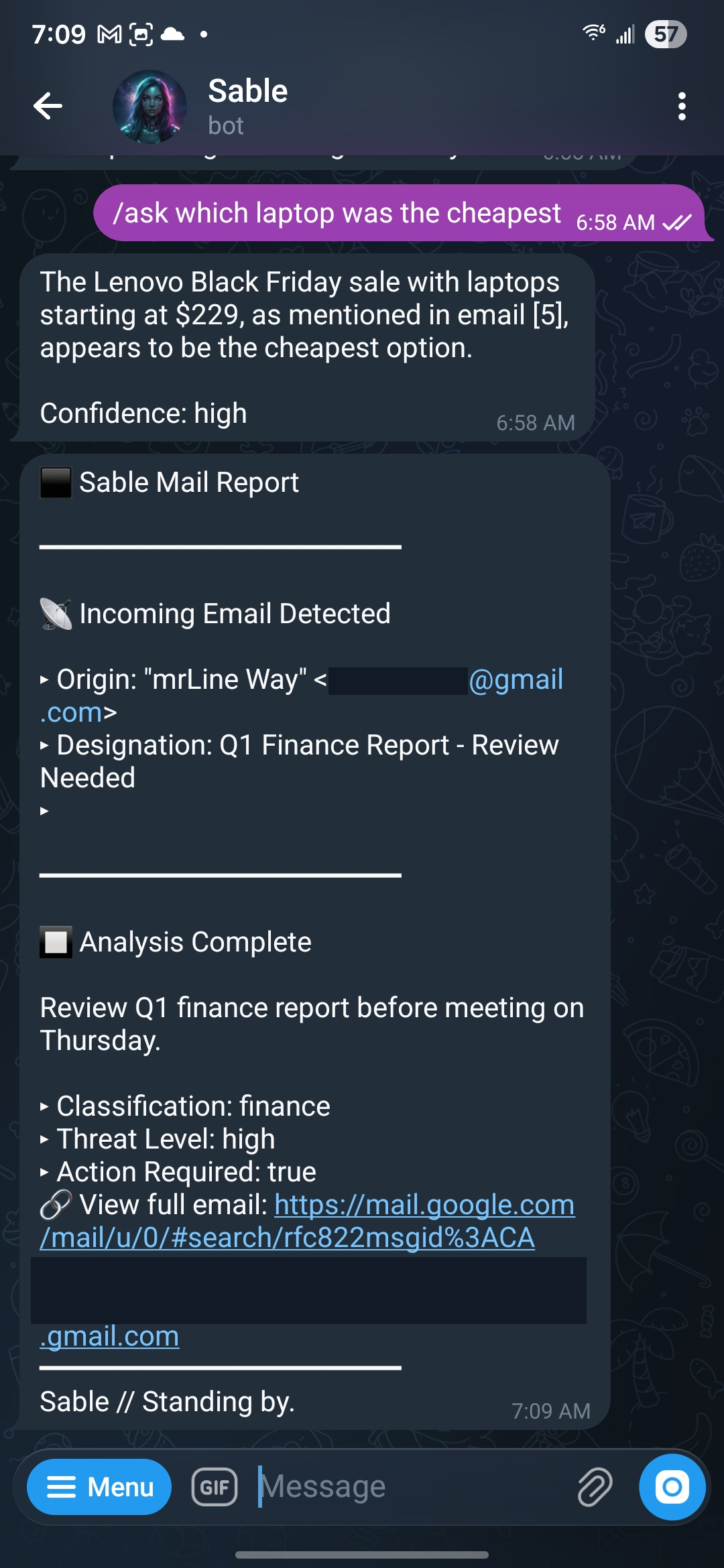 Sanitized Telegram capture of Sable returning cited email analysis and an operator report