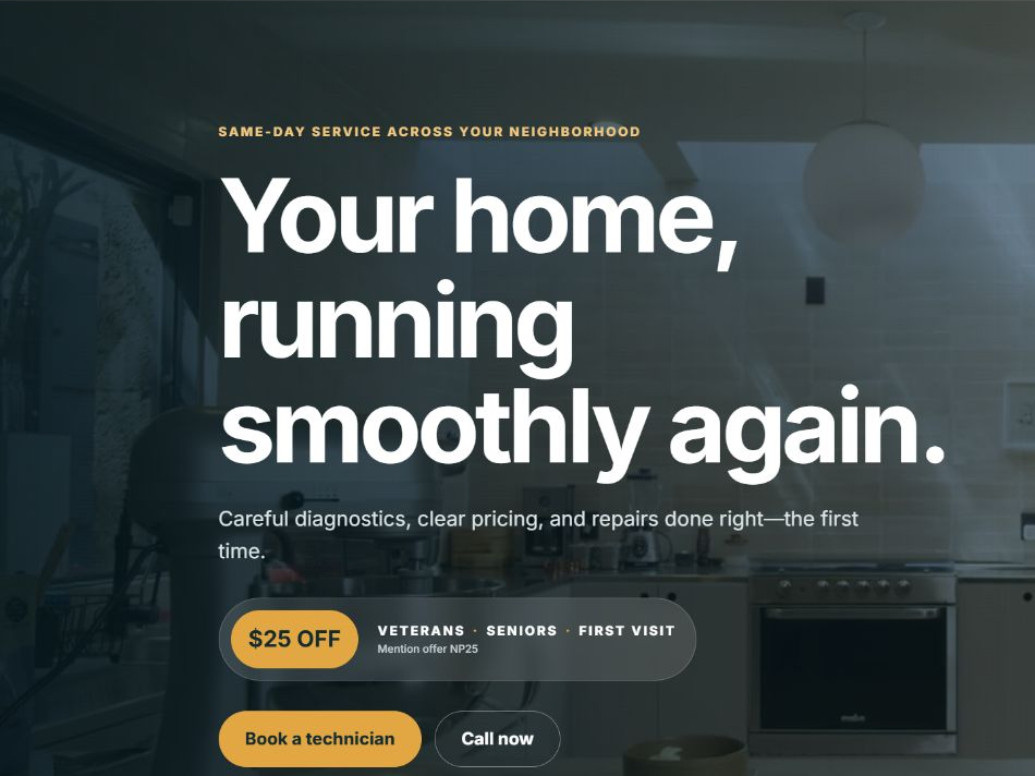 North Peak Appliance Repair responsive homepage with service offer and booking call to action