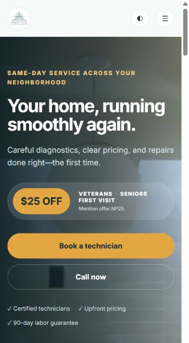 North Peak responsive mobile homepage with service offer and booking actions