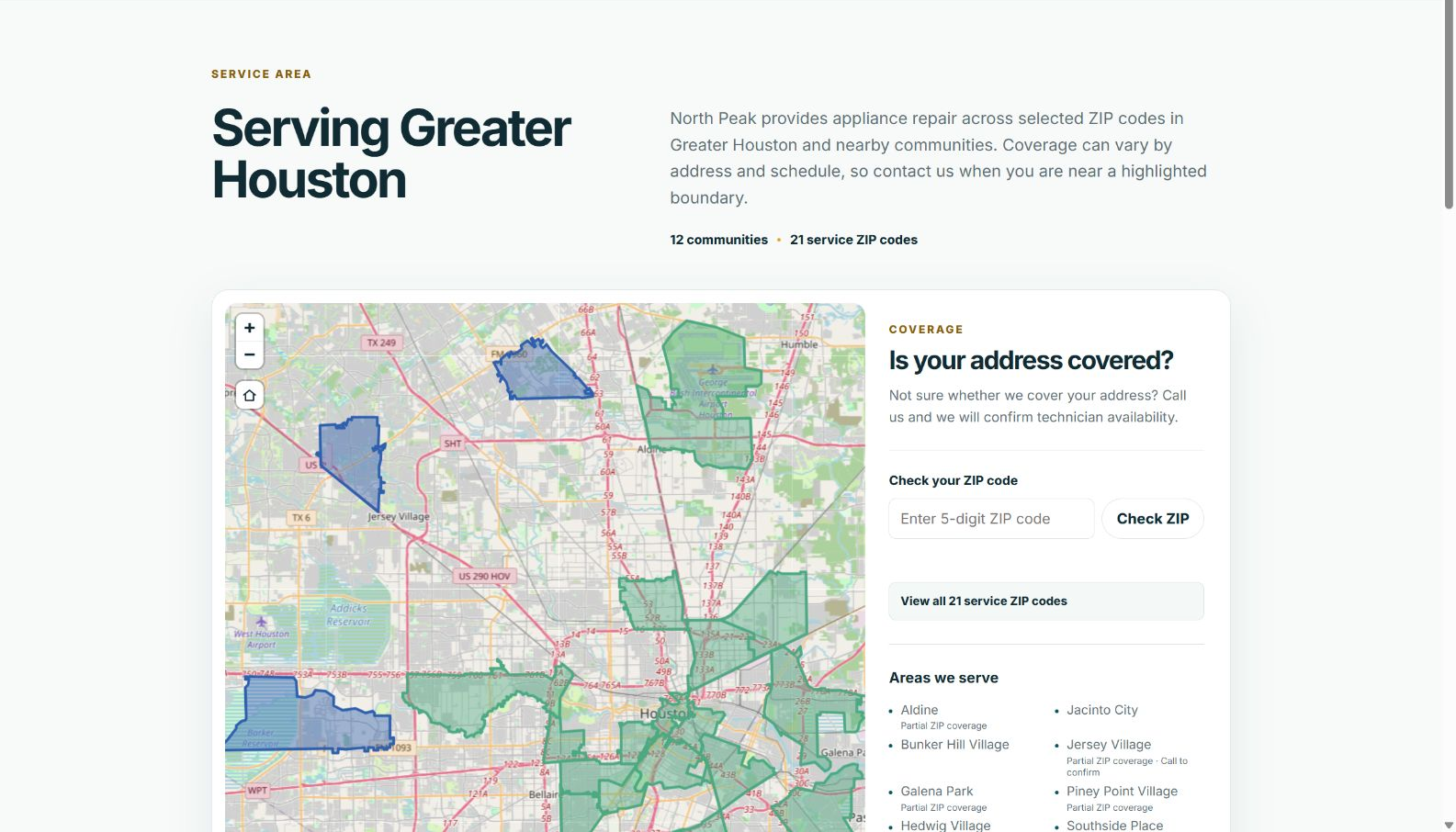 North Peak Greater Houston service-area page with ZIP polygons, coverage checker, and communities